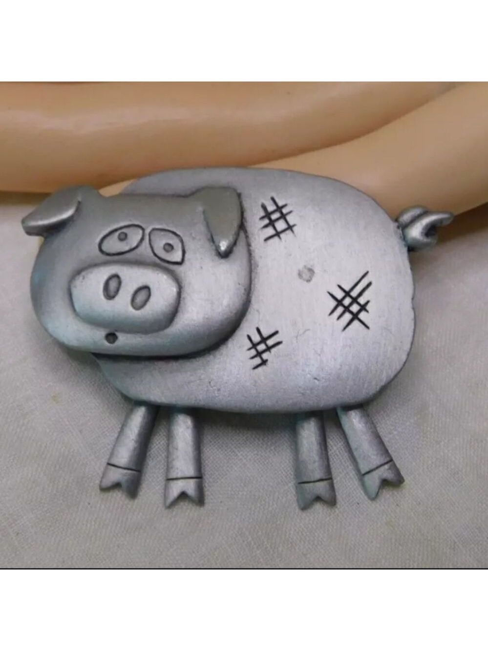 JJ Pewter Pig Brooch with Dangling Legs Vintage Signed Pin